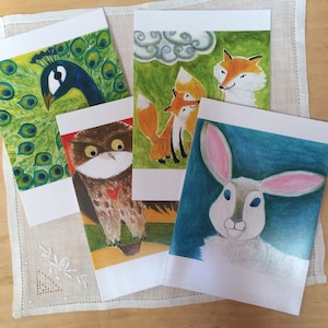 CARTÕES Conjunto de 4 cartões de notas de artistas animais Pavão Coelho Raposa Corujas impressos em papel com conteúdo reciclado