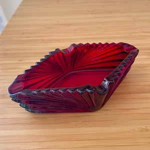 Vintage Ashtray Ruby Red Glass Art Deco Diamond Shape Anchor Hocking