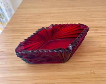 Vintage Ashtray Ruby Red Glass Art Deco Diamond Shape Anchor Hocking