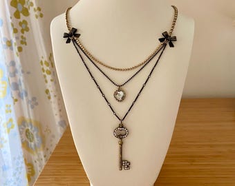 Vintage Betsey Johnson Multi-Strand Key & Heart Necklace 1990s to Y2K Designer Costume Jewelry