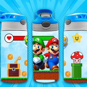 May include: Three blue water bottles with different designs featuring characters from the Super Mario Bros. video game. The designs include Mario and Luigi, a star, a mushroom, and a treasure chest.