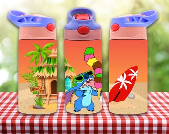 12oz straight Beach Scene Blue Stitch Character flip top tumbler digital download PNG