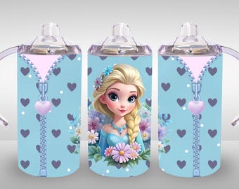 May include: Three blue and white insulated cups with a zipper design and a heart-shaped zipper pull. The center cup features a cartoon image of a blonde girl with blue eyes and a braid. The girl is wearing a blue dress and is surrounded by flowers.