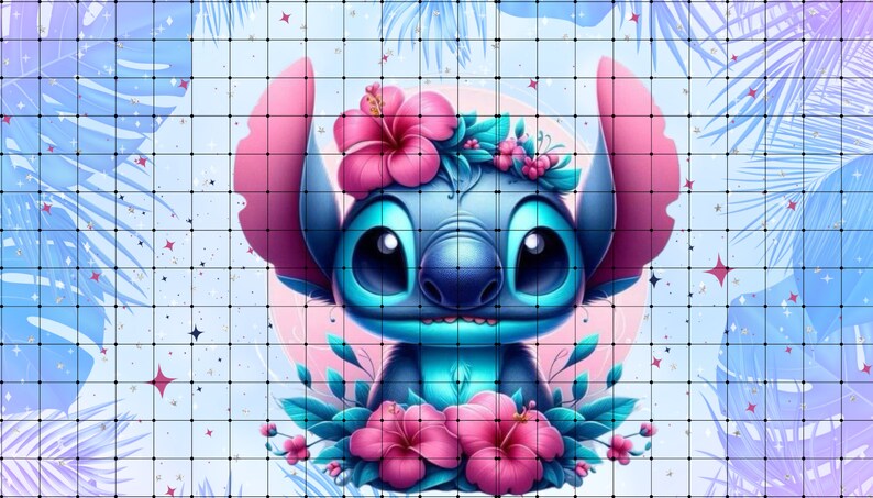 Peut inclure: Un personnage de dessin anim&eacute; bleu avec de grands yeux et une couronne de fleurs roses. Le personnage est entour&eacute; de fleurs et de feuilles roses et vertes. L'arri&egrave;re-plan est bleu clair avec un d&eacute;grad&eacute; rose et blanc.