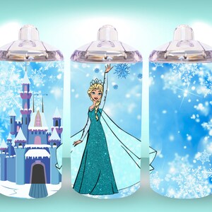 May include: Three stainless steel tumblers with a clear lid and handle. The tumblers feature a blue and white design with snowflakes and a princess character. One tumbler features a blue castle with white snow on top.