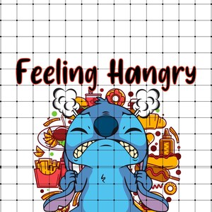 May include: A blue cartoon character with a grumpy expression surrounded by various food items, including french fries, hot dogs, donuts, and a soda can. The text "Feeling Hangry" is above the character.