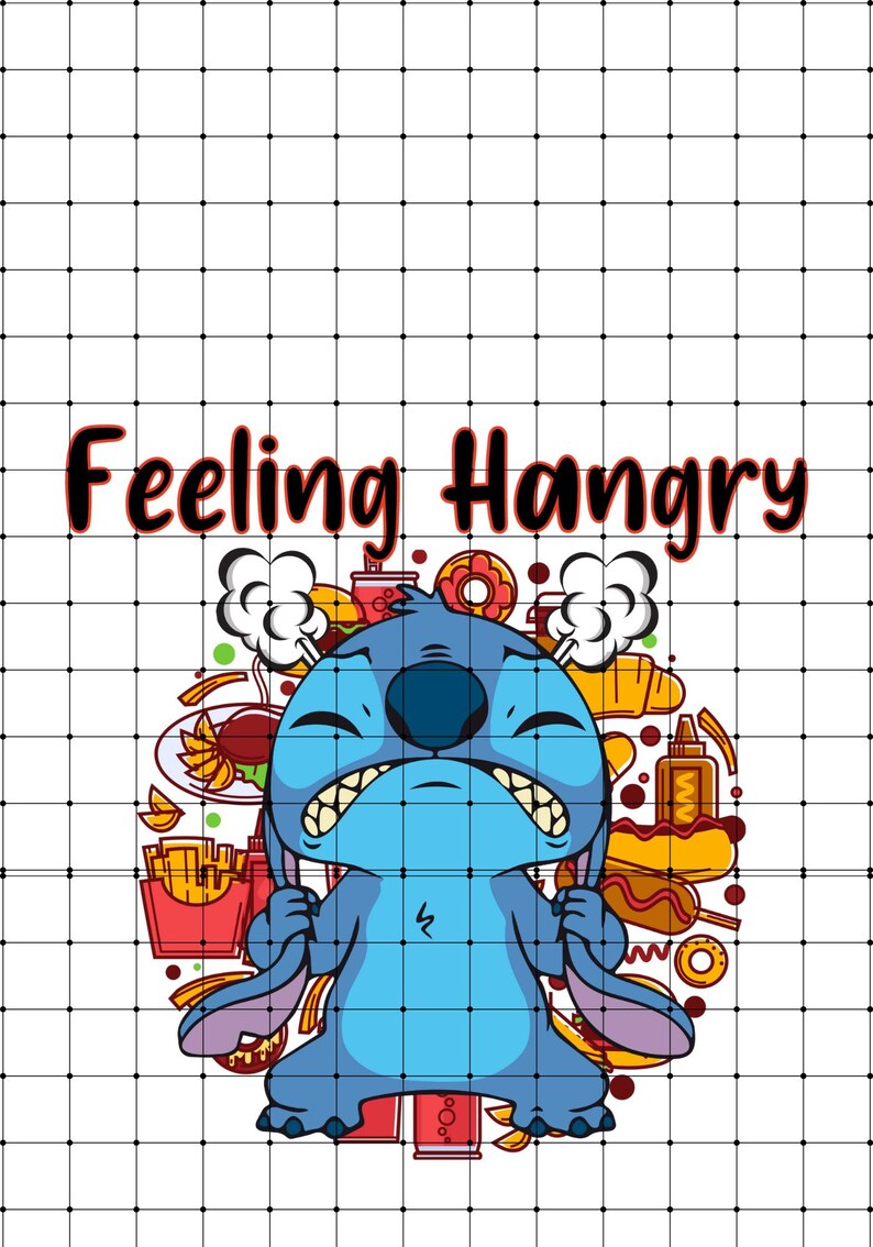 May include: A blue cartoon character with a grumpy expression surrounded by various food items, including french fries, hot dogs, donuts, and a soda can. The text "Feeling Hangry" is above the character.