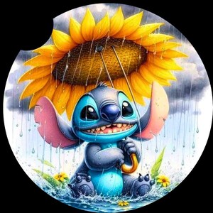 Posavasos para automóvil con diseño de paraguas y girasol de 3" con personajes azules, descarga digital PNG