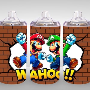 May include: Three clear plastic cups with handles and lids. Each cup has a different design featuring Mario and Luigi characters from the Super Mario Bros. video game series. The cups have a brick wall background and the text "WAHOO!" printed on them.