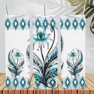 20oz straight Teal Blue Flower skinny tumbler digital download PNG