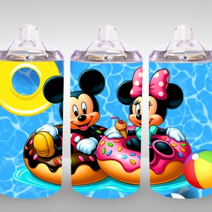 May include: Three stainless steel tumblers with Mickey Mouse and Minnie Mouse designs. The tumblers feature a blue background with a pool water pattern, and the characters are shown floating on donuts. One tumbler features Mickey Mouse with a yellow life preserver, another features Mickey Mouse with a pink donut, and the third features Minnie Mouse with a pink donut and a beach ball.