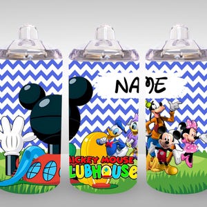 May include: A clear sippy cup with a blue and white chevron pattern. The cup features Mickey Mouse Clubhouse characters, including Mickey Mouse, Minnie Mouse, Donald Duck, and Goofy. The word "NAME" is written on the cup.