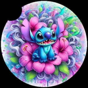 May include: A blue cartoon character with large ears and a toothy grin sits on a pink hibiscus flower. The character is surrounded by other pink hibiscus flowers and green leaves. The background is a colorful abstract design.
