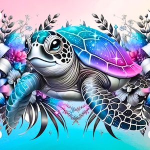 May include: A license plate featuring a sea turtle with a colorful shell, surrounded by flowers and foliage. The turtle's shell transitions from blue to purple, with a starry pattern. The background has a gradient of pink, blue, and yellow.