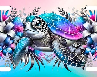 May include: A license plate design with a sea turtle illustration. The turtle has a shell that fades from blue to purple, with a starry pattern. It is surrounded by flowers and foliage. The background is a gradient of pink, blue, and yellow.