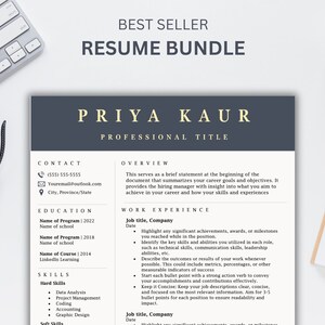 May include: A resume template with a dark blue header and a light yellow font. The header reads "PRIYA KAUR PROFESSIONAL TITLE". The template includes sections for contact information, education, work experience, skills, and an overview.