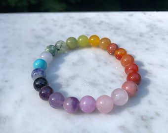 Rainbow Chakra Gemstone Bracelet: Natural Crystal Healing, 8mm Beads