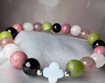 Gemstone Bracelet: Pearl Clover, Jade, Quartz & Sterling Silver