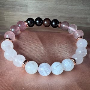 Garnet, Rose Quartz, Moonstone Gradient Bracelet | Copper Rondelles