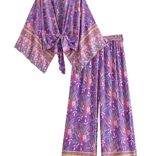 Short Kimono Robe Bohemian Suits, Summer Vintage Women 2 Piece  Purple Floral Print, Wide Leg Pants Boho Sets,  Swimsuit, Party Wear, Gift