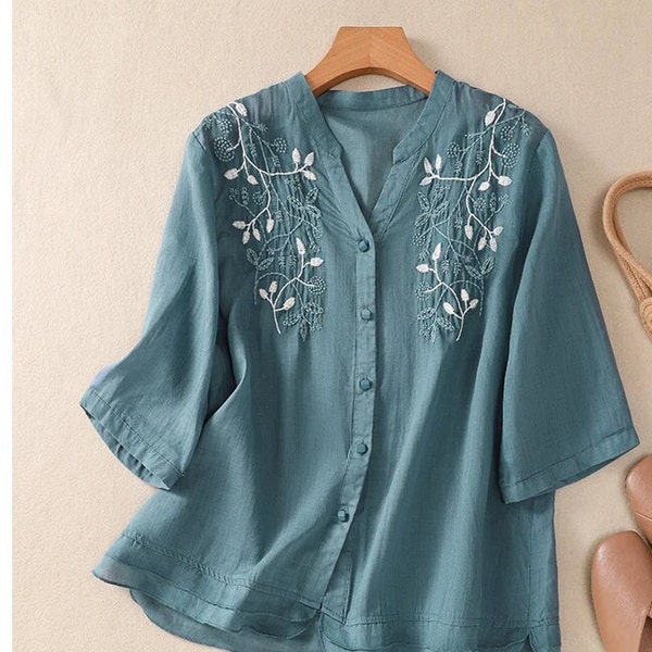 Summer Blouses, Embroidery Women's Shirts Spring Tops & Tee, Blouses Cotton Linen V-neck Ladies Clothing Solid Loose Tops, Gift For Her