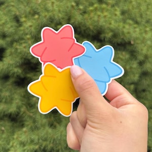 Pu&ograve; includere: Una mano tiene tre adesivi a forma di stella, rossi, gialli e blu, con bordi bianchi. Lo sfondo sfocato &egrave; verde, suggerendo un ambiente esterno.
