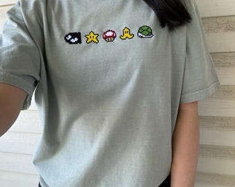 Pixelated Power-Ups Embroidered T-shirt (Comfort Colors)