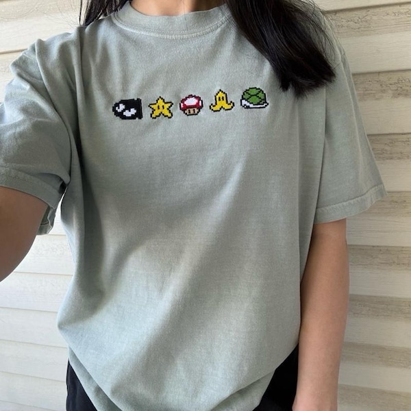 Pixelated Power-Ups Embroidered Cotton T-shirt