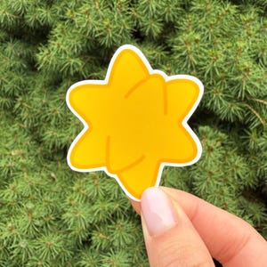 Pu&ograve; includere: Un adesivo giallo a forma di stella con un bordo bianco. L'adesivo ha un design a sei punte ed &egrave; tenuto su uno sfondo di aghi di pino verdi.