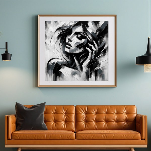 Abstract Woman: Digital Print - black and white - high definition - oil painting style - modern decor - digital art download