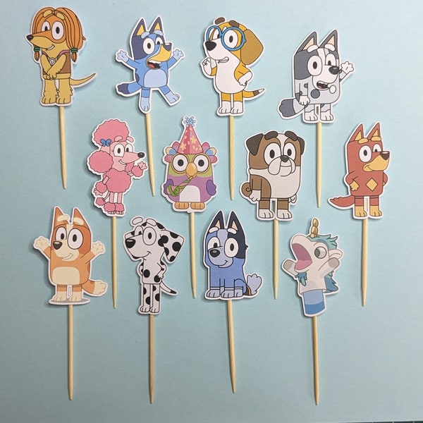 Bluey themed cupcake toppers pack of 12 blue dog birthday cake toppers bluey friends unicorse chattermax