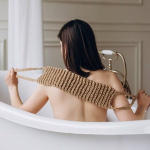 Long scrubber for bath and shower, crocheted washcloth made of jute, washcloth with long handles.