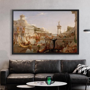 May include: A framed painting depicting a bustling scene of a city by the water. The painting features a large building with columns and a statue on top. There are many people and boats in the water.