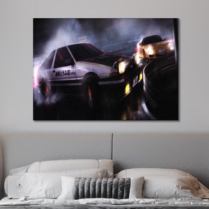 May include: A white and black car with the Japanese text "藤原豆腐店" on the side, driving through a smoky night scene. The car is being chased by a yellow car.