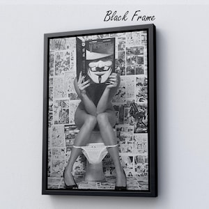 Stampa ragazza sul water, decorazione da parete in bianco e nero, arte da parete per il bagno, arte da parete su tela, decorazione da bagno per ragazza, pronta da appendere,