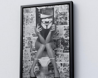 Dziewczyna na toalecie, wydruk, czarno-biały wystrój ścienny, sztuka ścienna do łazienki, sztuka ścienna na płótnie, dekoracja łazienki dla dziewczyny, gotowy do powieszenia,