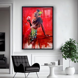 African American Female Drinking Wine Canvas Art, Black Girl with Wine Art, Afro Woman Wine Wall Art, Canvas Wall Art, Black Woman Art.