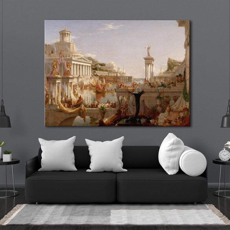 May include: A painting depicting a bustling scene of a city with buildings, people, and boats. The painting is in a classical style with a focus on architecture and detail. The colors are muted and earthy, with a sense of grandeur and history.