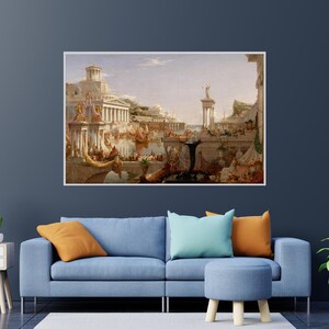 May include: A painting depicting a bustling scene of a city with buildings, people, and boats. The painting is in a light, airy style with a focus on the architecture and the movement of the people.