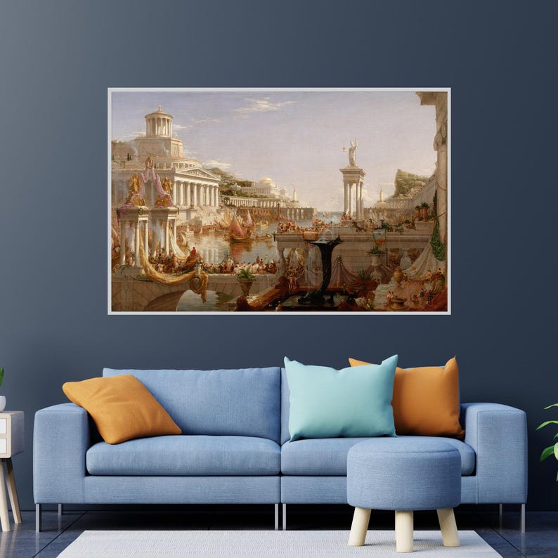 May include: A painting depicting a bustling scene of a city with buildings, people, and boats. The painting is in a light, airy style with a focus on the architecture and the movement of the people.