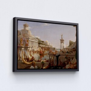 May include: A painting depicting a bustling scene of a city by the sea. The painting features a large, white building with columns, a bridge, and many boats and ships. The sky is a light blue, and the water is a deep blue. There are many people in the painting, some on the bridge, some in the boats, and some on the shore.