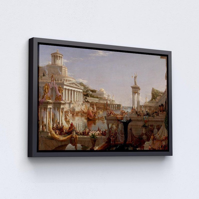 May include: A painting depicting a bustling scene of a city by the sea. The painting features a large, white building with columns, a bridge, and many boats and ships. The sky is a light blue, and the water is a deep blue. There are many people in the painting, some on the bridge, some in the boats, and some on the shore.