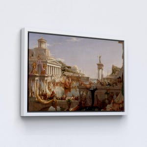 May include: A painting depicting a bustling scene of a city by the sea. The painting features a large, white building with columns, a bridge, and many boats and ships. The sky is a light blue with white clouds. The painting is in a white frame.