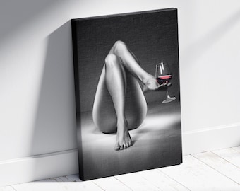 Wine Lover, Woman with Wine Glass Canvas, Bar Wine Decor, Female Feet, Wine Poster, Bedroom Decor, Sexy Canvas, Canvas Wall Art,