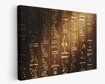 Póster de jeroglíficos egipcios antiguos, arte histórico en lienzo, obra de arte de Egipto, lienzo grande con jeroglíficos egipcios de oro extra, arte de pared en lienzo