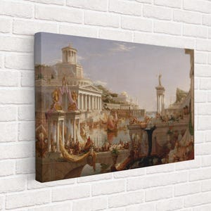 May include: A painting depicting a bustling scene of a city with many buildings, people, and boats. The city is built on a body of water and has a large, white building in the center. The painting is full of detail and color, and it captures the energy and excitement of a thriving city.