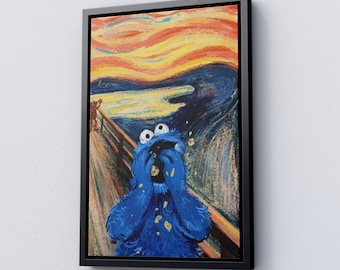 Cookie Monster Poster, Scream Parody Canvas Wall Art, Vintage Canvas, Comic Cartoon Artwork, Edvard Munch, Canvas Wall Art,