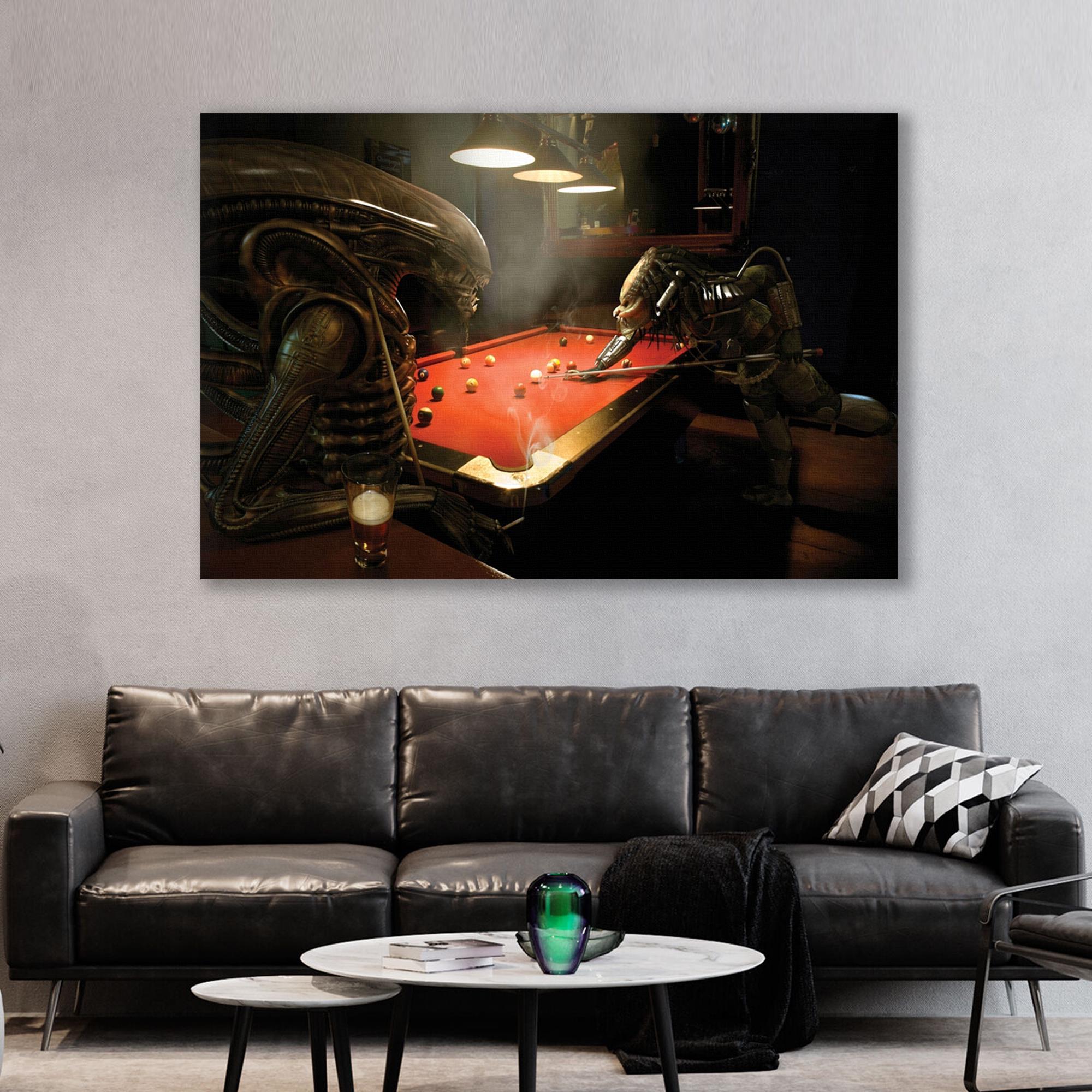 Alien Vs Predator Playing Pool Match Canvas, Alien Art Canvas, Playing ...