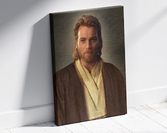 May include: A painting of a man with long, light brown hair and a beard. He is wearing a brown robe with a white sash. The background is a light brown color.