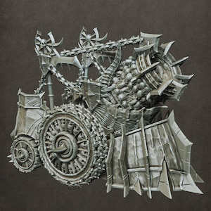 May include: A detailed, gray, fantasy war machine with spiked wheels, a skull-adorned central structure, and a chain-linked top. The design features sharp blades and intricate metalwork, suggesting a dark, gothic theme.